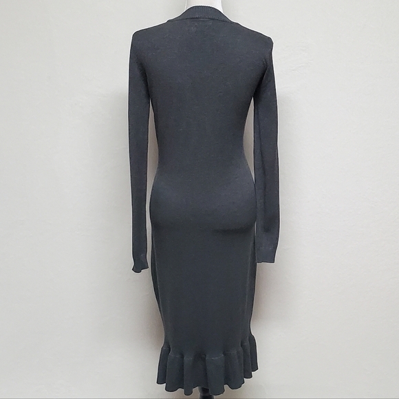ROCOROSE Dark Gray Bodycon Mock Neck Long Sleeve Midi Ruffle Mermaid Dress M - Picture 7 of 11
